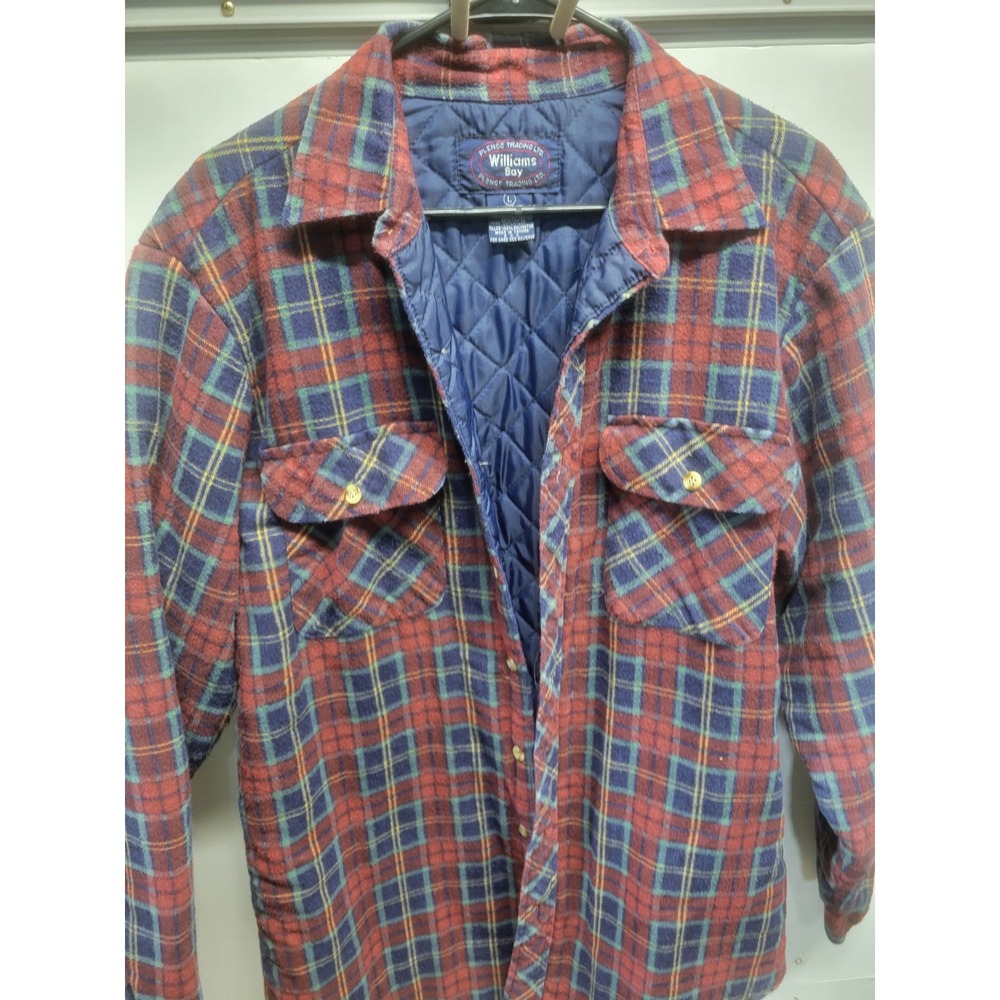 Williams Bay Mens Large Tall Plaid Quilted Flannel Shirt Jacket Red Blue Vintage